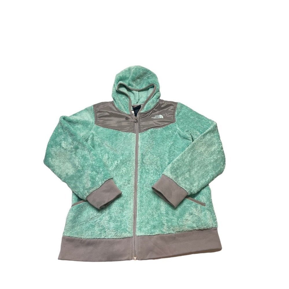North Face Jacket Girls Large (14/16)  Light Green Gray Hooded Zip Fuzzy Fleece